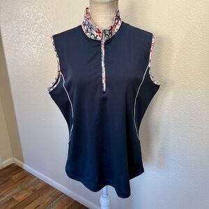 Monterey Club Women's Daisy Stamp Contrast Sleeveless Zip Golf Polo Shirt Large